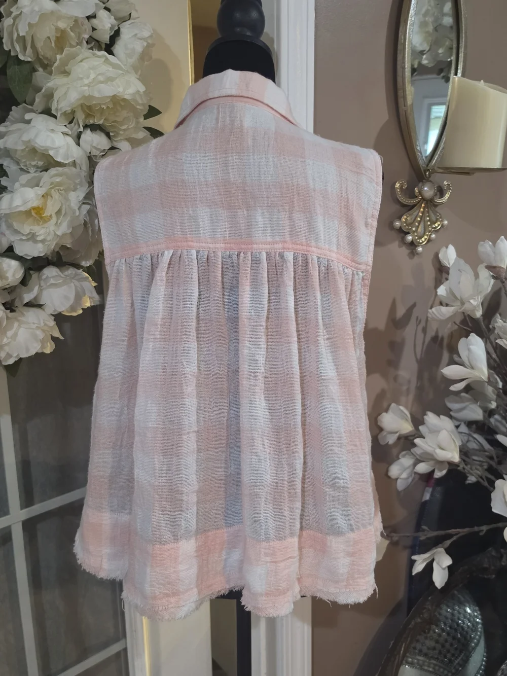 Free People Pink & White Plaid Sleeveless Button-Down Top
